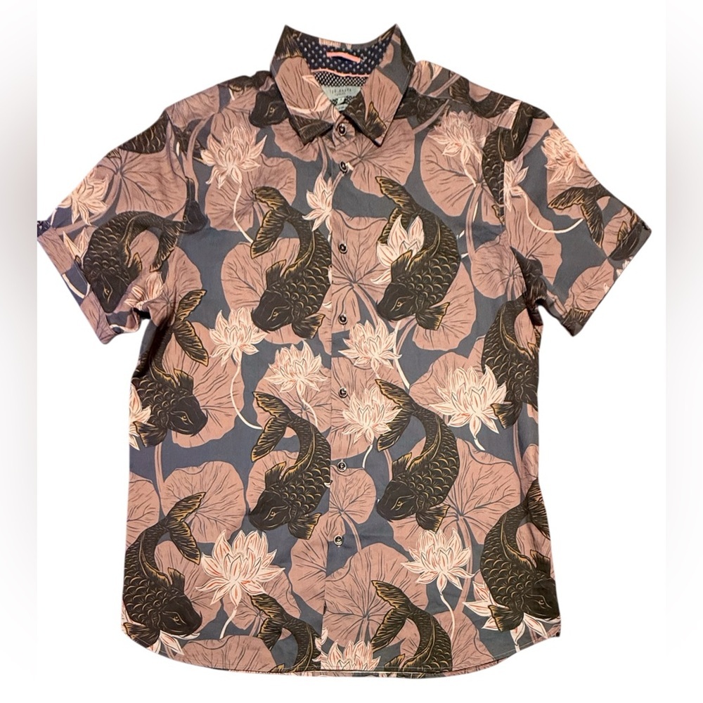Ted Baker Short Sleeve Koi Print Button-Down Shirt Pink & Gray Size 5